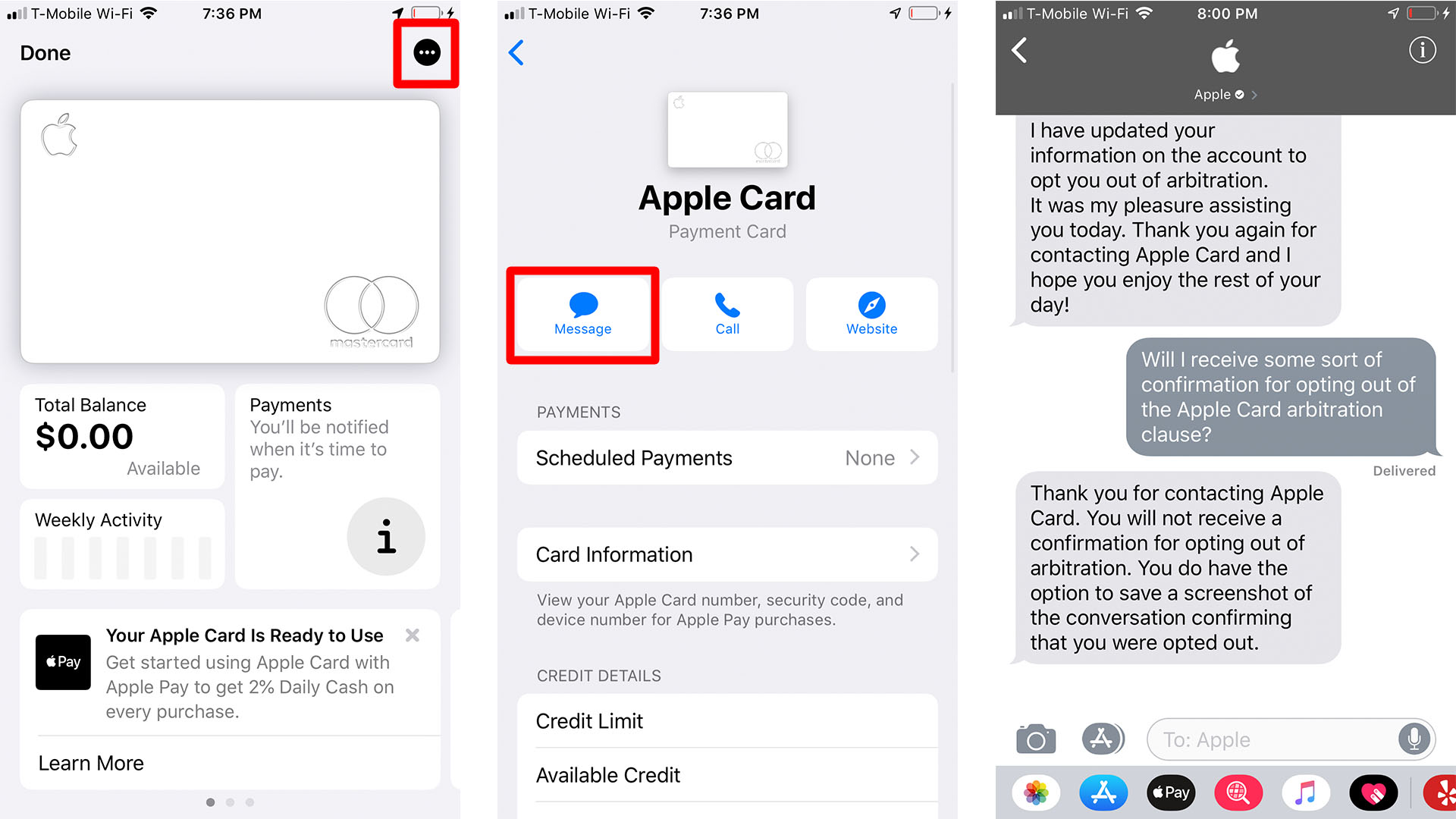 Optar por no recibir mensajes de cláusulas de arbitraje de tarjetas de Apple