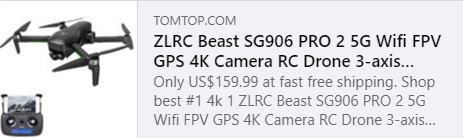ZLRC Beast SG906 PRO 2 5G Wifi FPV GPS 4K камера RC Drone 3-осевой карданный подвес 1200 м Расстояние управления 28 минут Код времени полета: HY11ZR Цена: $ 145,99 Доставлено через Duty Free Shipping